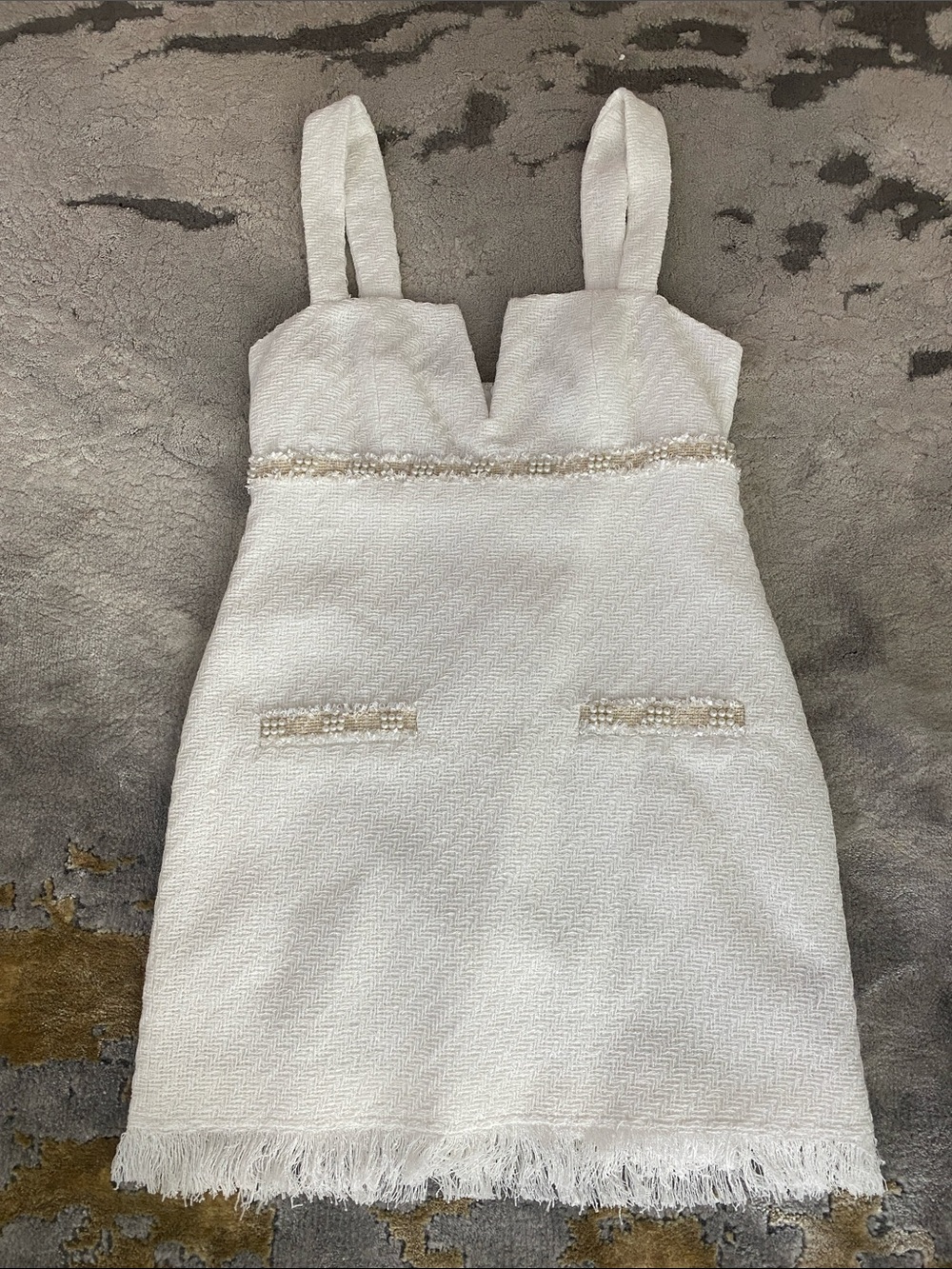 MAJORELLE White Tweed Midi Dress with Beaded Accents & fringe trim. NWT